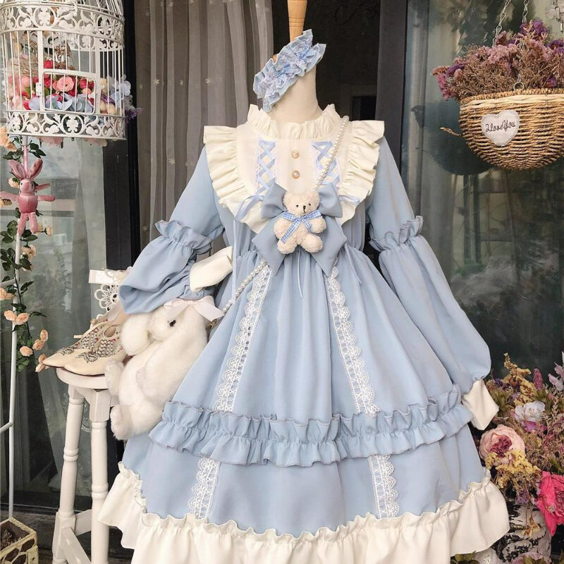 Vestido de Lolita gótico japonés para mujer, vestido azul de encaje con lazo de oso Kawaii, vestido de princesa de manga larga, disfraz de Halloween, regalo para niñas