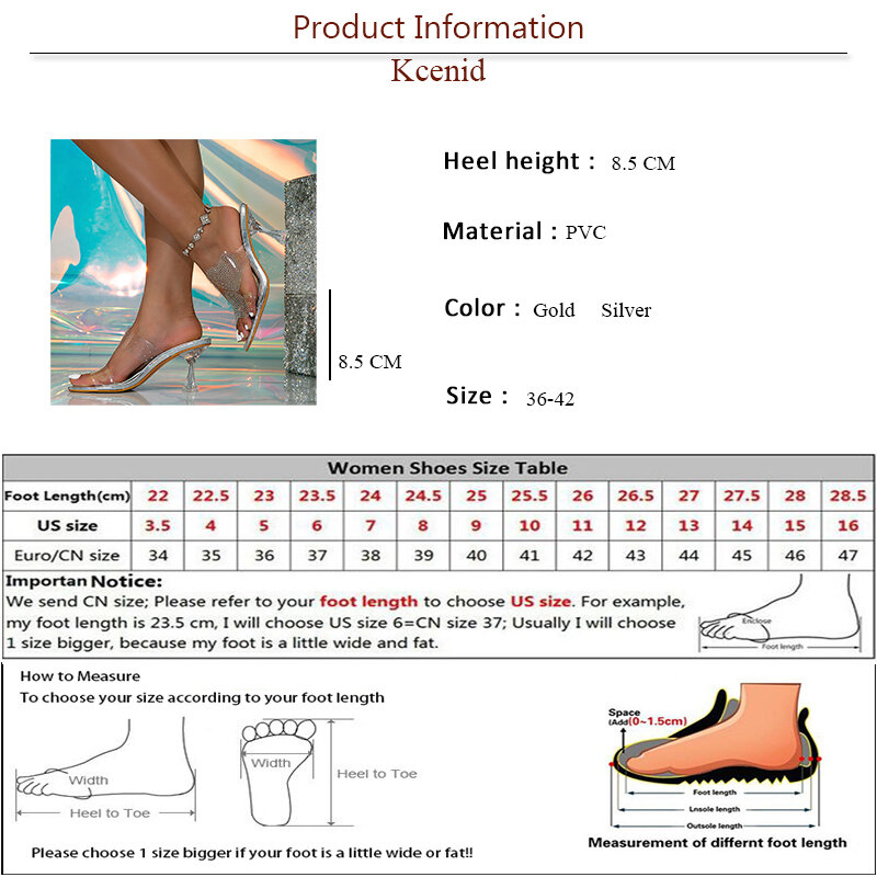 Kcenid Women Slippers Summer High Heels Sexy Square Toe Gold PVC Transparent Crystal Rhinestone Slippers Summer Wedding Shoes