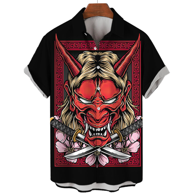 Men's Shirts 3D Print Japanese Ghost Warrior Mask Graphics Fashion Button Short Sleeve Lapel Streetwear Shirts for men Summer