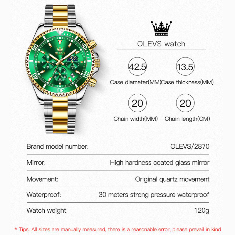OLEVS 남성용 방수 쿼츠 손목시계, 남성 패션, 최고 브랜드 럭셔리, 스테인레스 스틸, 스포츠 날짜, 크로노그래프 시계