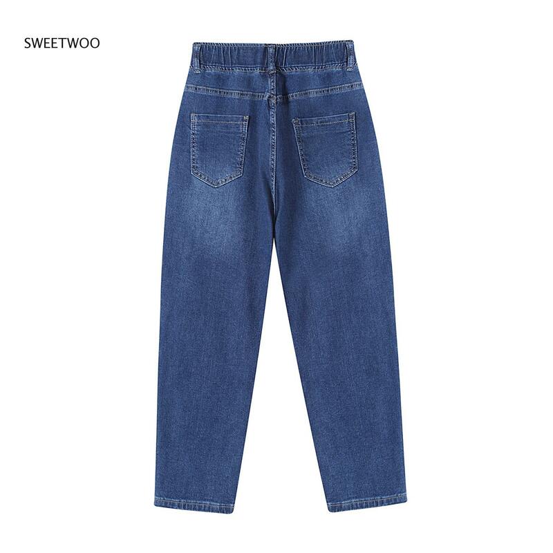 Джинсы женские с завышенной талией, свободные джинсовые брюки-султанки до щиколотки черного, синего цветов, приталенные, 2022