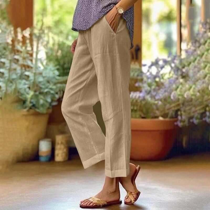 2024 Summer Cotton Linen Pant Women'S Loose Straight Long Pants Women Fashion Casual Elastic Waist Solid Color Pant With Pockets