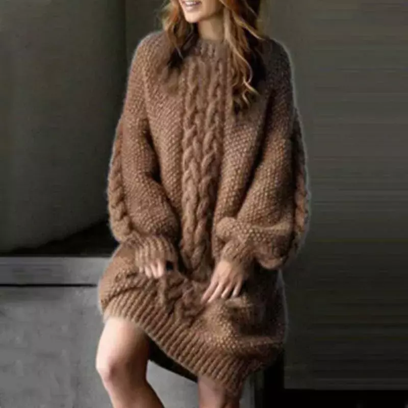 Nowy jesienno-zimowy damski sweter z dzianiny z długim rękawem sukienka jednokolorowa moda na co dzień seksowne stroje z okrągłym dekoltem swetry S-5XL