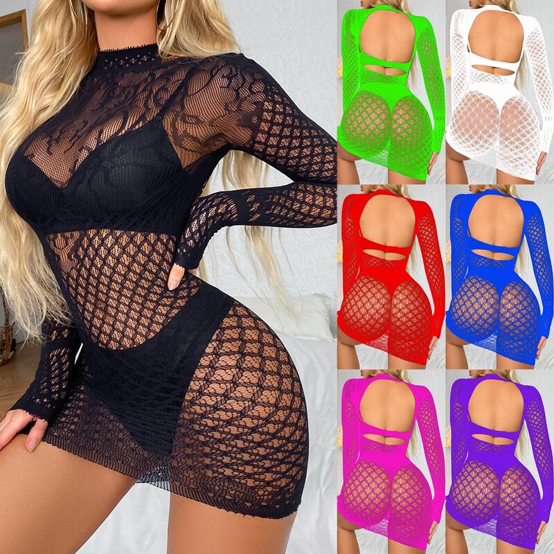 Sexy Hollow Out Full Fishnet Backless Bodycon Short Dress Long-sleeved Mock Neck Women Dress Breathable Nightdress Nightgown