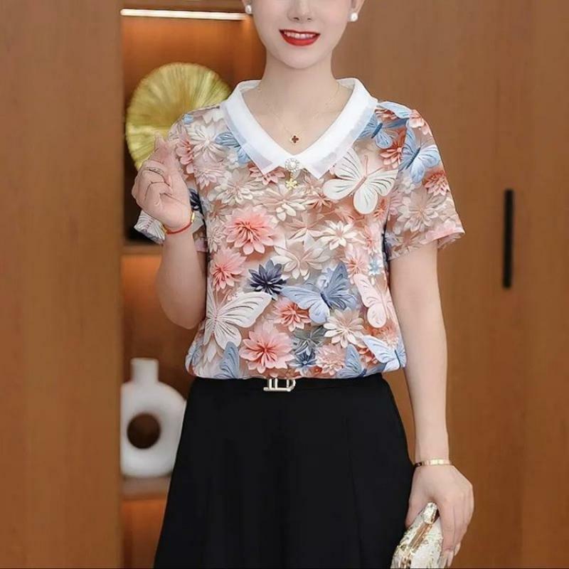 Woman's Printed Button Blouses Summer New Fashion Female Clothing Short Sleeve Casual Polo-Neck Patchwork Chiffon Shirt