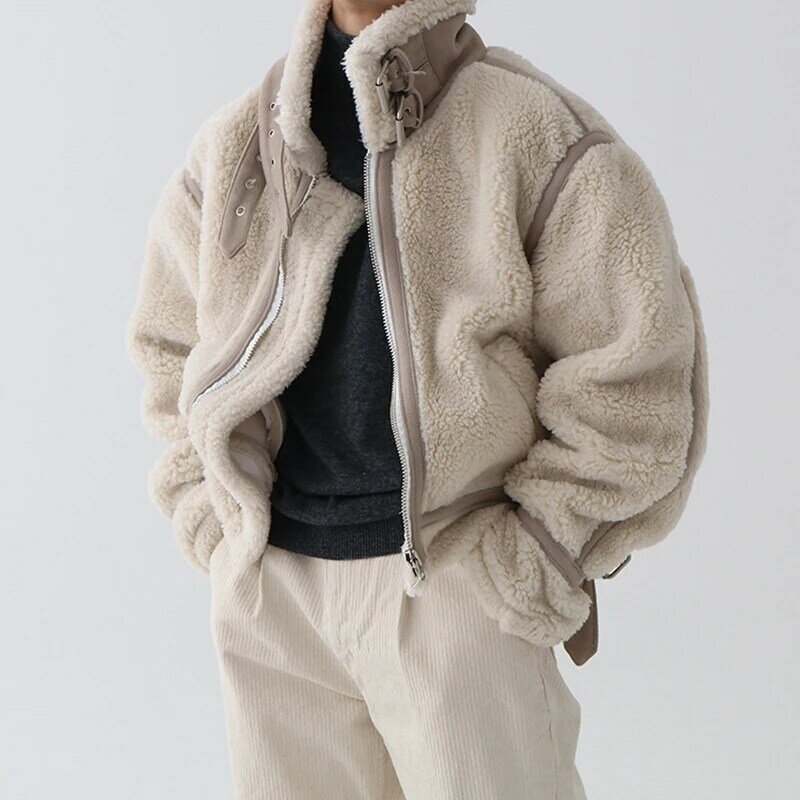 Casaco de cordeiro de pele sintética masculino com zíper, jaquetas misteriosas, grosso quente, elegante solto, lindos casacos masculinos, roupas de inverno, Z98, 2023
