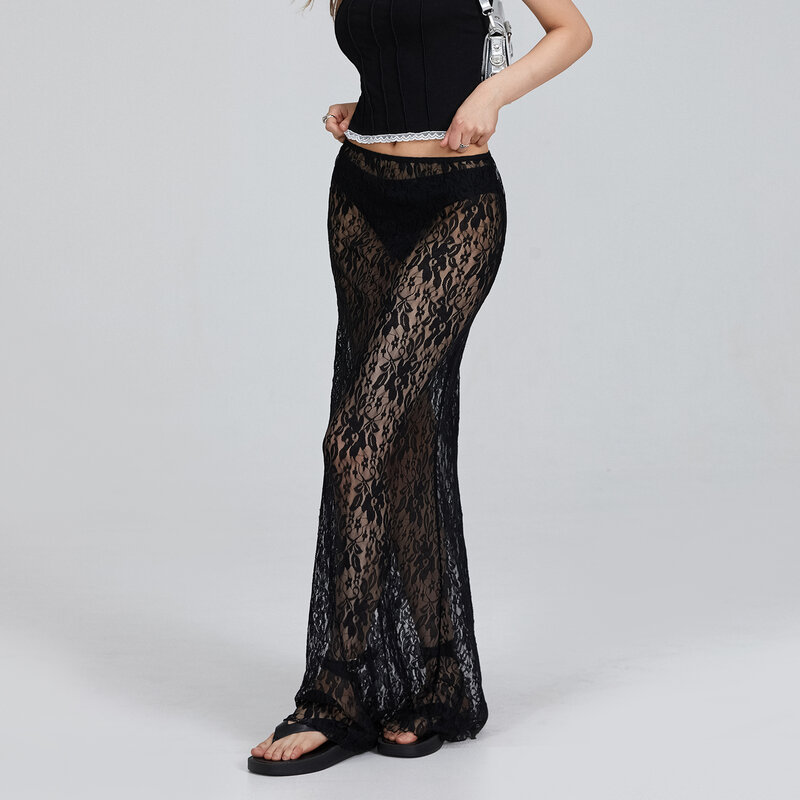 Women Lace Long Skirts Sexy See-through Elasticized Low Waist Skirts