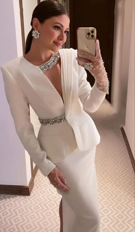 Saudi Arabia Women Evening Gowns Pieces Sash Rhinestone Formal Mermaid V-Neck Long Sleeves Side Slit Prom Dresses Party Gown Rob