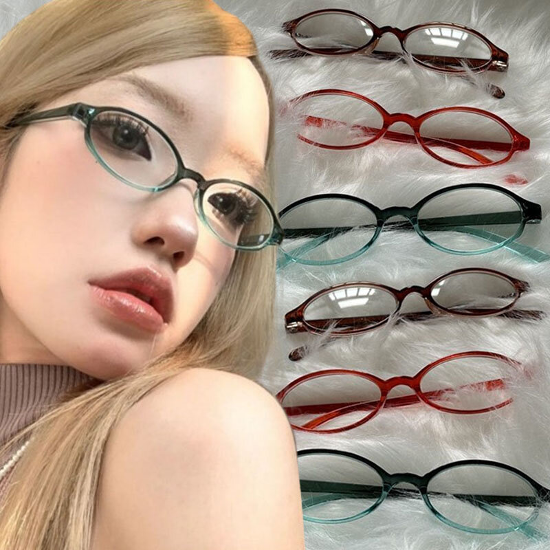 Damskie Retro owalne okulary dziewczęce Y2K czerwona zielona ramka szklane okulary dekoracyjne komputerowe okulary anty-niebieskie z nadmorską jazdą