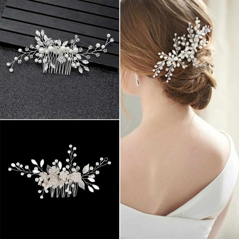 Crystal Rhinestone Flower Pearl Hair Comb Pin, Headband Tiara para Mulheres, Noiva, Menina, Casamento, Bridal Acessórios