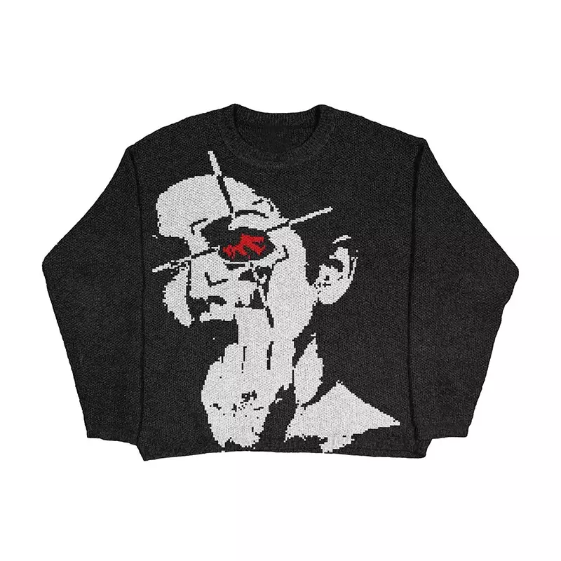 Y2K hiphopowy sweter sweter z dzianiny dla mężczyzn gotycki nadruk portret sweter jesienny bawełniane, w stylu Harajuku damski nadwymiarowy sweter