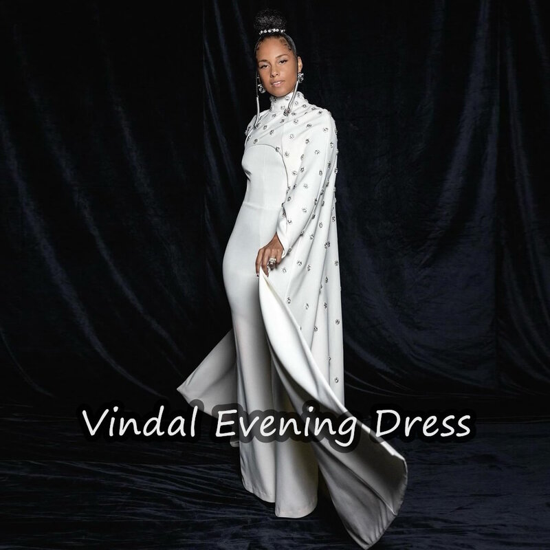 Vindal-vestido de noche largo hasta el tobillo con volantes para mujer, vestido elegante de crepé ALine con sujetador incorporado, mangas largas de Arabia Saudita, 2024