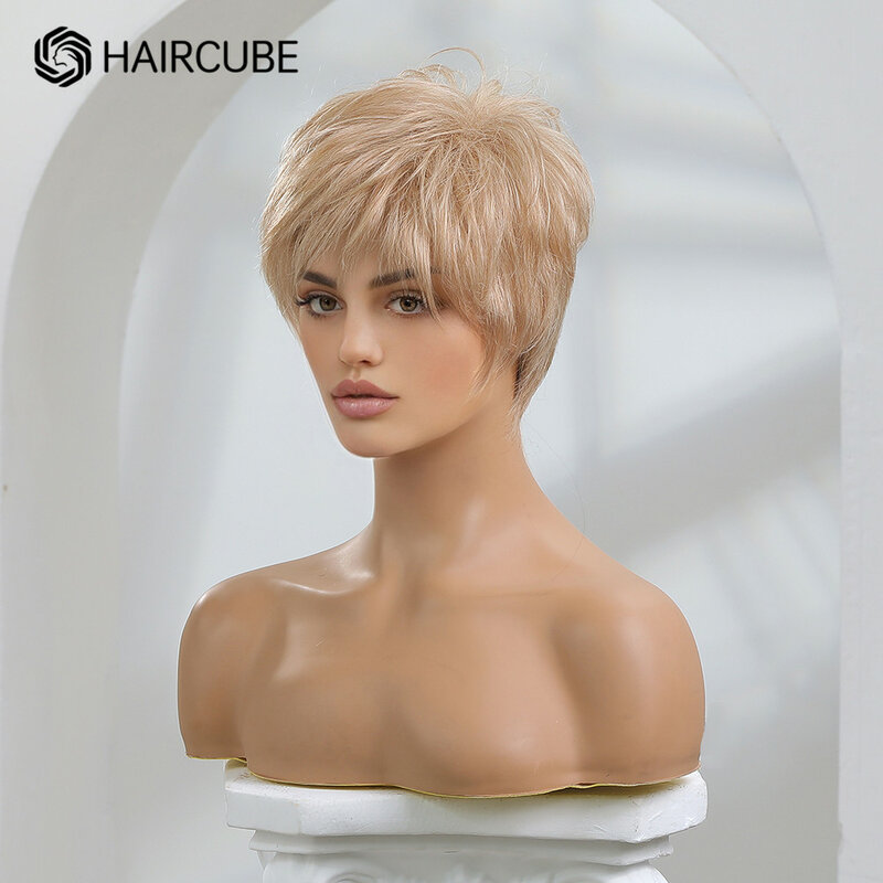 Haircube Korte Champagne Blond Pixie Cut Pruiken Human Hair Blend Pruik Gelaagde Vrouwen Golvend Pruik Met Kant Pluizige Bang natuurlijke Dagelijks