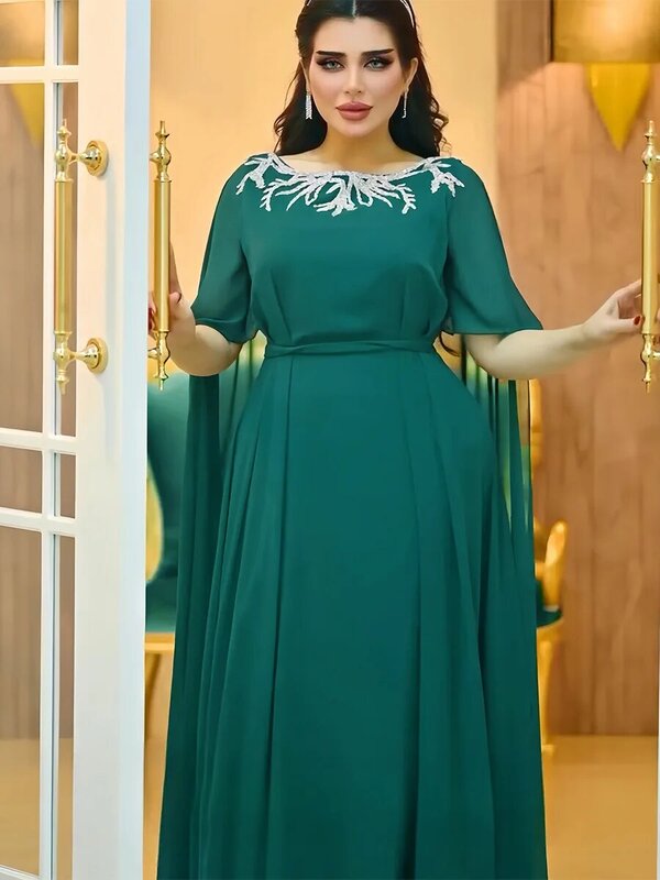 Gaun etnik elegan wanita Saudi Muslim dengan ikat pinggang berlian sifon Lengan Super panjang pesta Afrika Turki Abayas 2024 baru