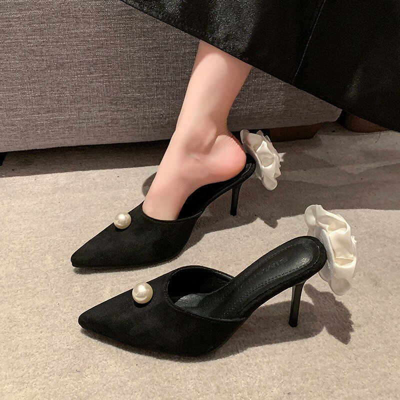 Black Satin Slippers for Women 2024 Hot Sale New Spring Summer Pearl High Heels Sexy Party Stiletto Heel White Rose Ladies Shoes