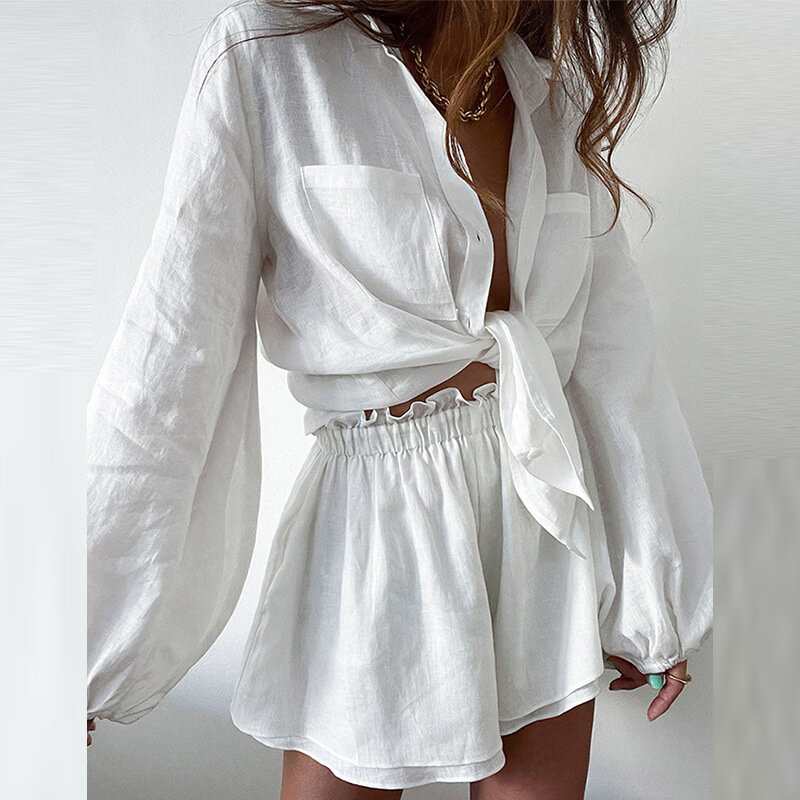 Женский элегантный комплект рубашки, шикарная льняная блузка оверсайз с длинным рукавом, мешковатые хлопковые шорты, штаны, однотонный пляжный топ, свободный наряд на лето