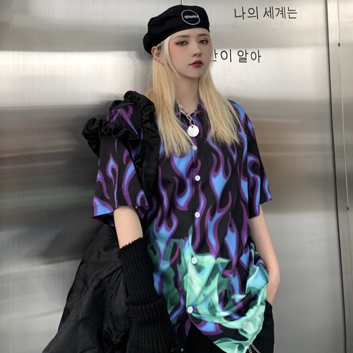 Men Women Japanese Harajuku Yamamoto Style Blouse Summer Streetwear Chic Tops Fashion Fire Flame Print Shirt Dance Hip Hop Tops