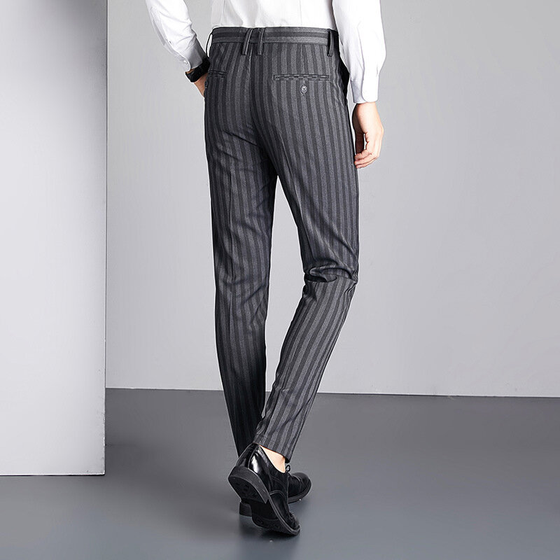 Pantalones informales grises para hombre, Pantalón ajustado con abertura en la entrepierna, a rayas, para oficina, Verano