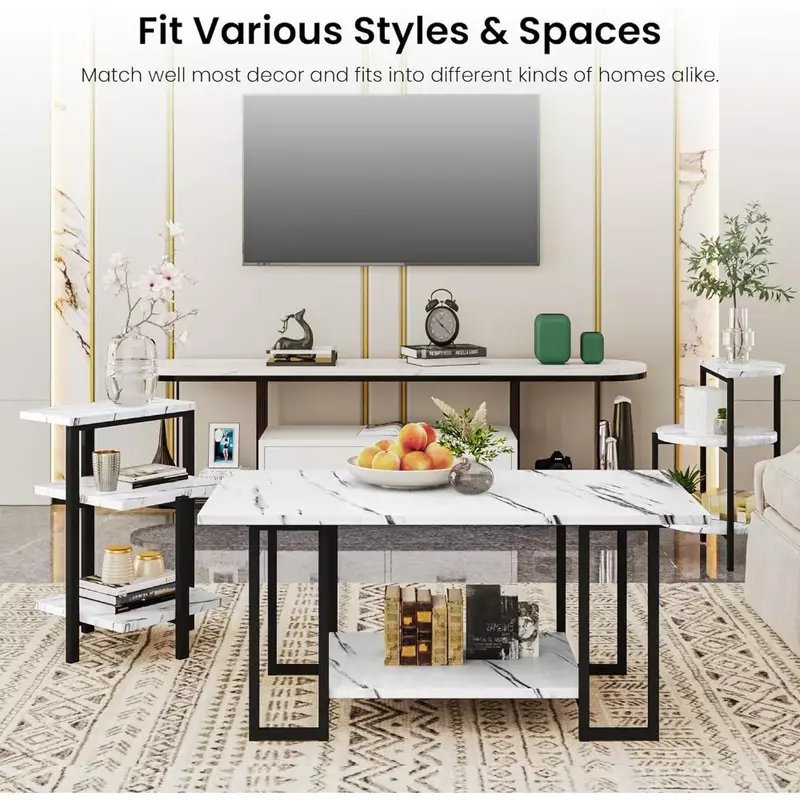 Couch tisch & 2 Beistell tisch, Kunst marmor Tischplatte und Metallrahmen, 3 Stück Tischs ets, für Wohnzimmer Wohnung