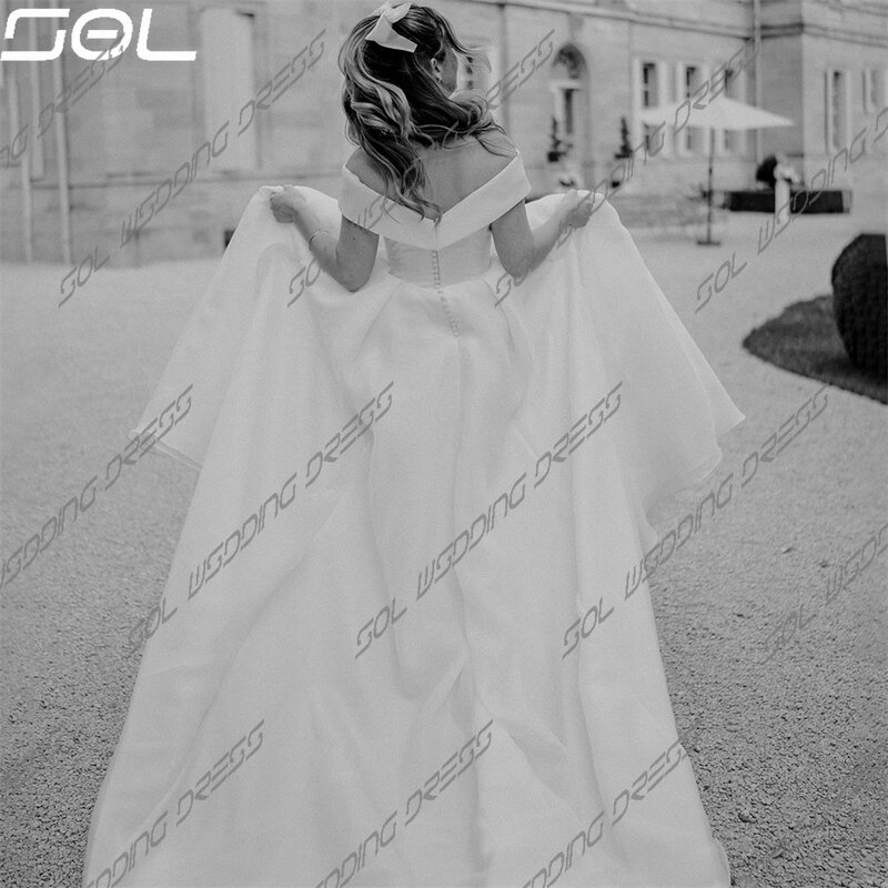 Sol einfach von der Schulter kreuz und quer Satin Brautkleider elegante rücken freie A-Linie Sweep Zug Brautkleider Vestidos de Novia