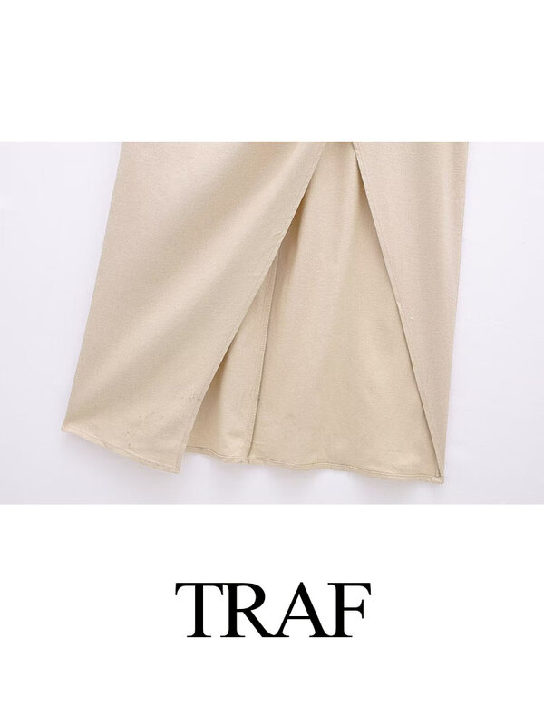 TRAF 우아한 솔리드 폴드 서스펜더 원피스 캐주얼 백리스 민소매 스플릿 캐주얼 2024 여성 패션, 올 매치 드레스, 여름
