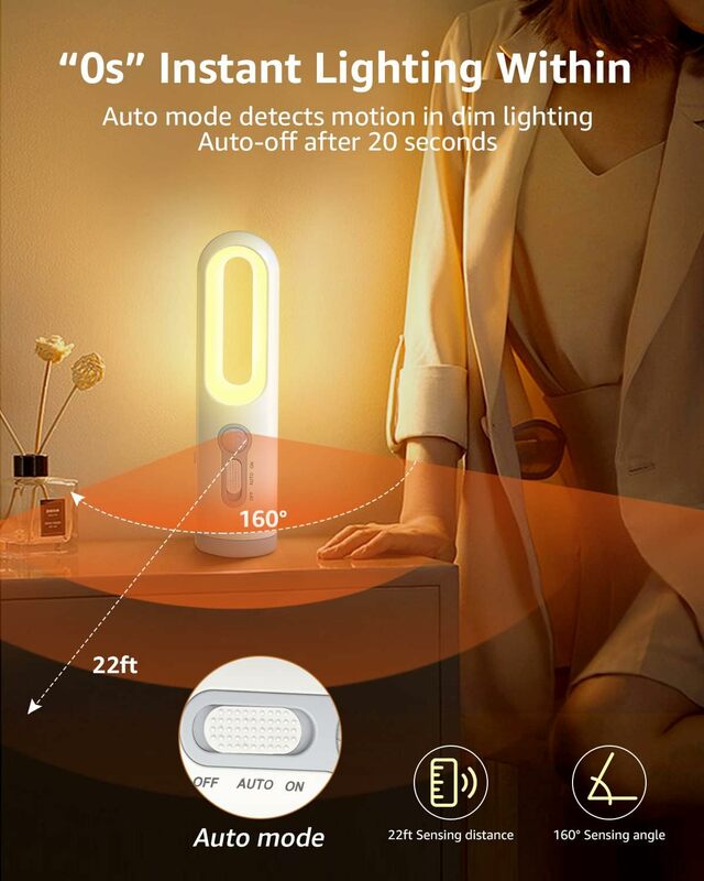 Linterna portátil 2 en 1 con sensor de movimiento LED con sensor de noche para dormitorio, baño, lectura, camping