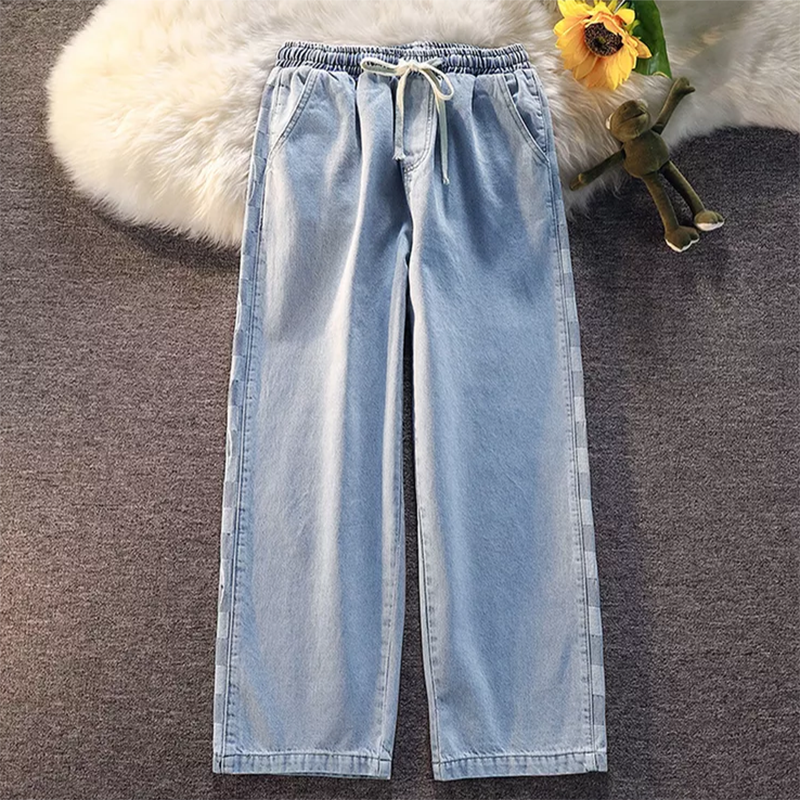 Jeans quadriclado lateral retrô Sandro Rivers para mulheres com letras, calça solta minimalista, casual