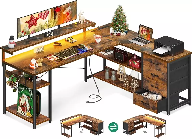 서랍이 있는 L자형 책상, 컴퓨터 전원 콘센트 및 LED 조명, 가정 사무실용 가역 코너 게임, 61 인치