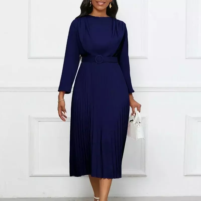 Gaun Afrika untuk wanita elegan 2024 gaun Maxi berlipat poliester leher-o Lengan Panjang Afrika musim semi dengan sabuk pakaian Afrika