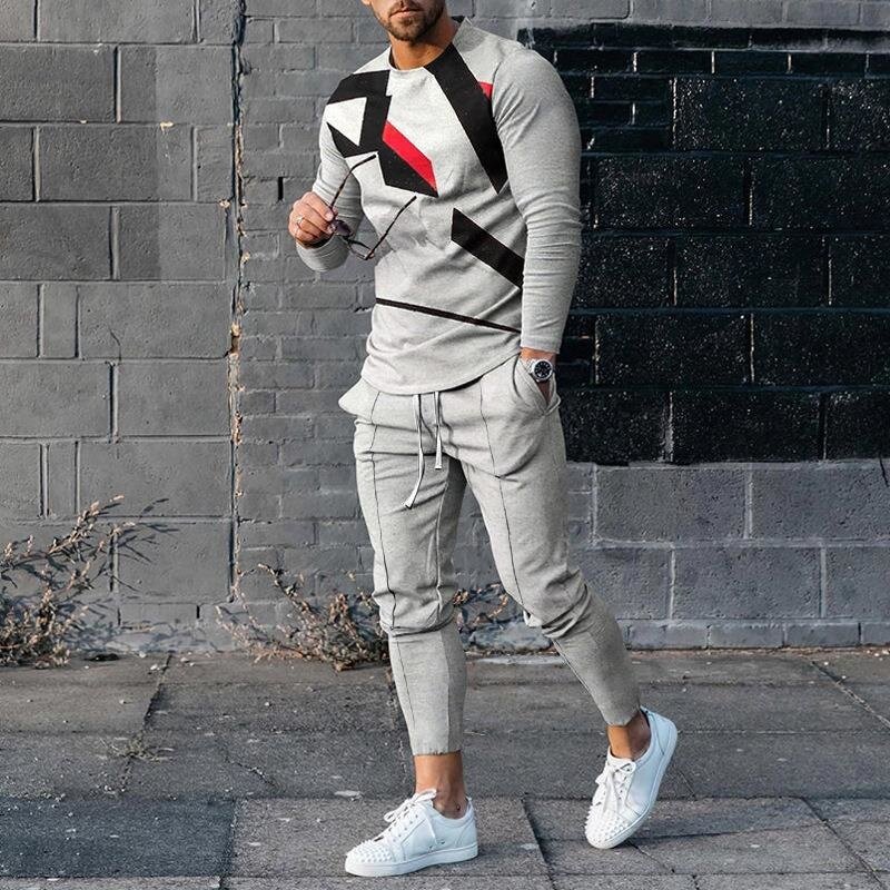 Spring Autumn Men's Sports Casual 3D Printed Sets Round Neck Long Sleeve Pullover + Pants Two Piece Set Men Fashion Tracksuits