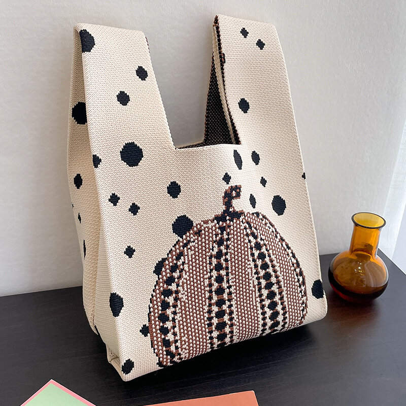 New Printed Women Knit Handbag Cute Halloween Pumpkin Shoulder Bag Female Casual Dots Tote Bag Student Reusable Shopping Bags