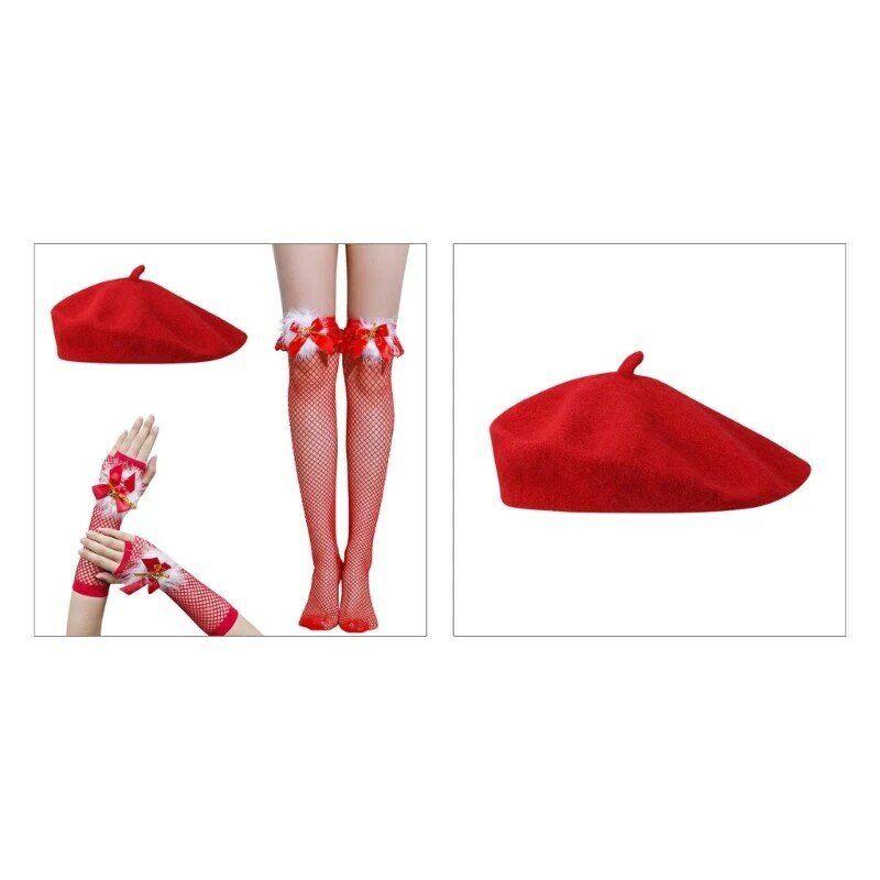 Boina vermelha com luvas malha para inverno, carnaval, chapéu festa, dropshipping