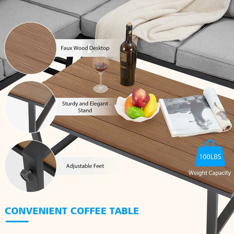 4-częściowy zestaw sof segmentowych na zewnątrz ze stolikiem kawowym, bardzo duży metalowy zestaw do rozmów w kształcie litery L o średnicy 91 × 91 cali z poduszką