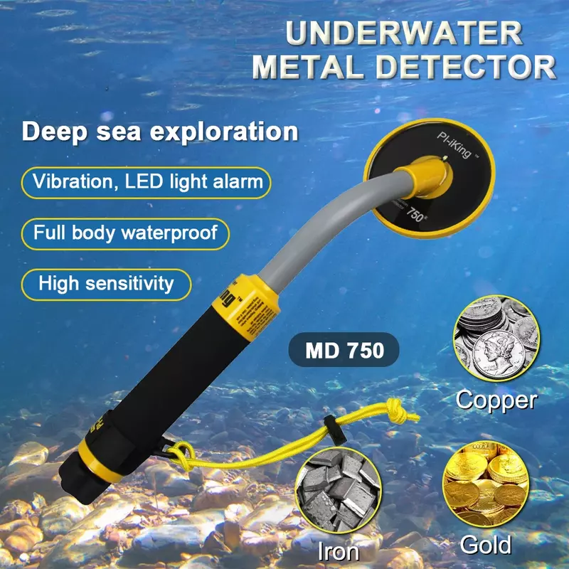 Détecteur de métaux sous-marin PI-iking, pointeur à induction 750, profondeur de détection d'expansion, lumière LED, poignées, métal, qualité, 30m