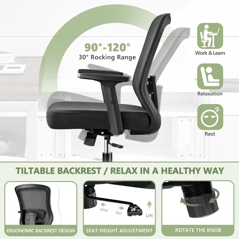 Cadeira de escritório respirável Mesh Cadeira de trabalho confortável Braços 2D ajustáveis Cadeiras de mesa para casa