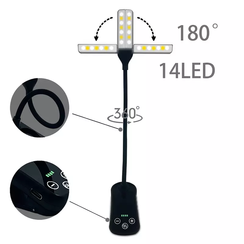USB recarregável Clip Book Light, proteção ocular, lanterna quarto, lâmpada da noite, lanterna quarto, 3 cores, 14LED