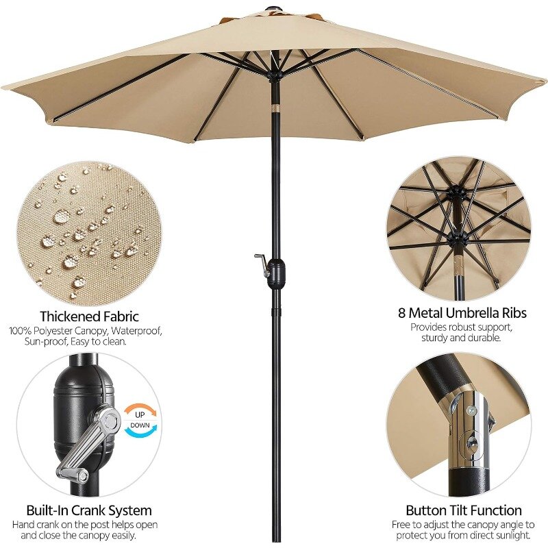 Parapluie d'extérieur avec bouton poussoir, table de marché, inclinaison et manivelle, jardin, plage, pelouse, terrasse, cour, 9 pieds. parapluie