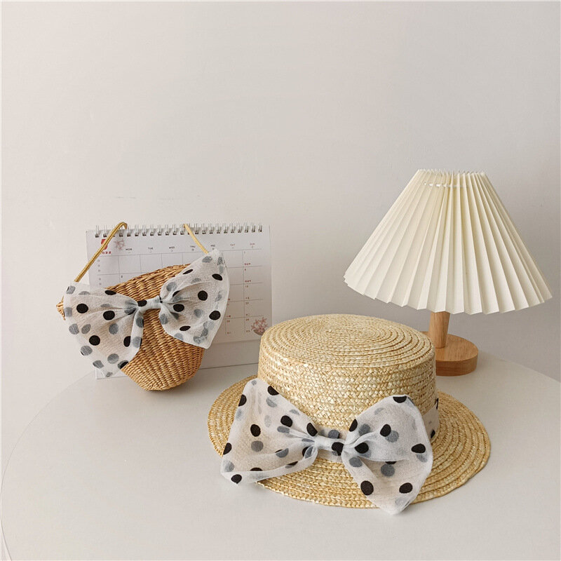French Style Polka Dot Bowknot Straw Hat For Girls Summer Outdoor Sunhat Wheat Straw Beach Hat Straw Bag Child Fashion Accessory