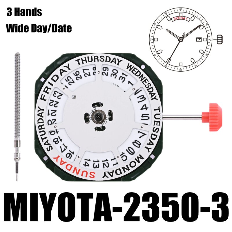 Стандартный MIYOTA 2350 | Кварцевый часовой механизм с датой и днем, 3 стрелки, широкий день/дата, размер: 11 1/2 дюйма Высота: 4,15 мм
