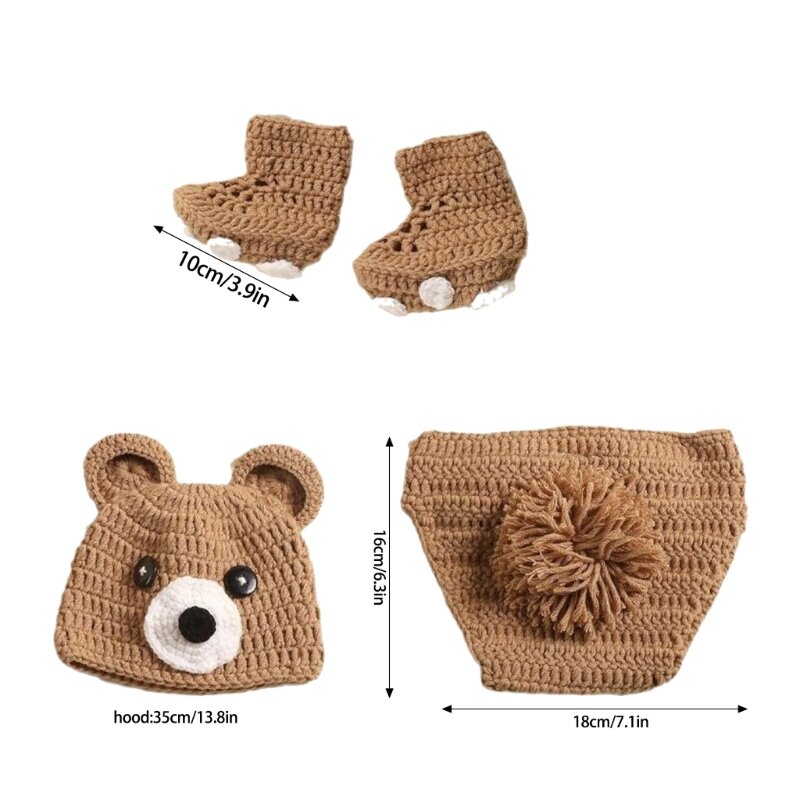 Вязаный комплект из шапки и штанов с медвежонком и подходящей обуви. Удобная и очаровательная одежда для фотосессий для детской