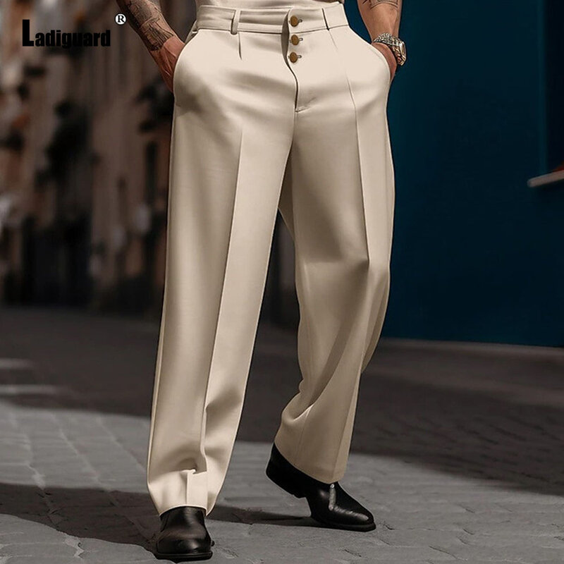 Pantaloni eleganti a gamba larga con tasca in piedi da uomo pantaloni da festa formali bianchi solidi Plus Size 3xl pantaloni da tuta con bottoni tripli moda uomo