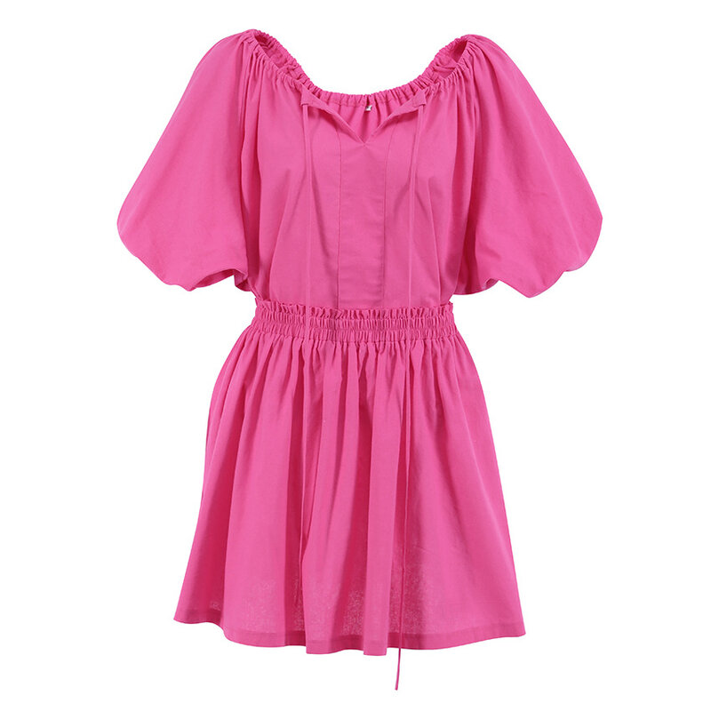 Fato de saia curta plissada rosa feminino, blusa casual de manga bolha, saia curta de cintura alta, camisa original menina, primavera e verão