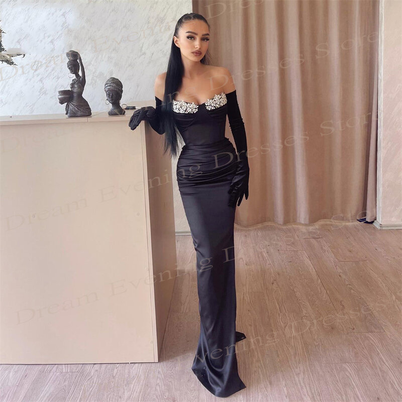 Elegante schwarze Meerjungfrau sexy faszinierende Abendkleider anmutige träger lose Ballkleider Perlen Brauch für Frauen neue Robe de Soiree