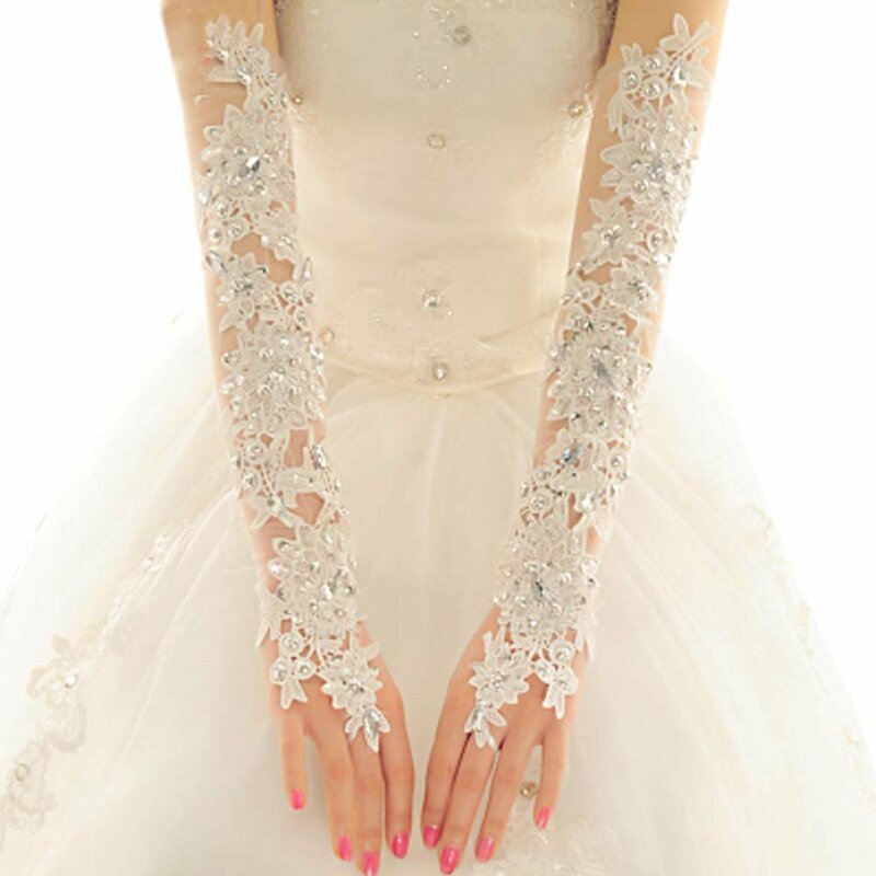 Fingerless Rhinestone Lace Bridal Wedding Gloves  Long Fancy Party Wedding Opera Appliques Gloves
