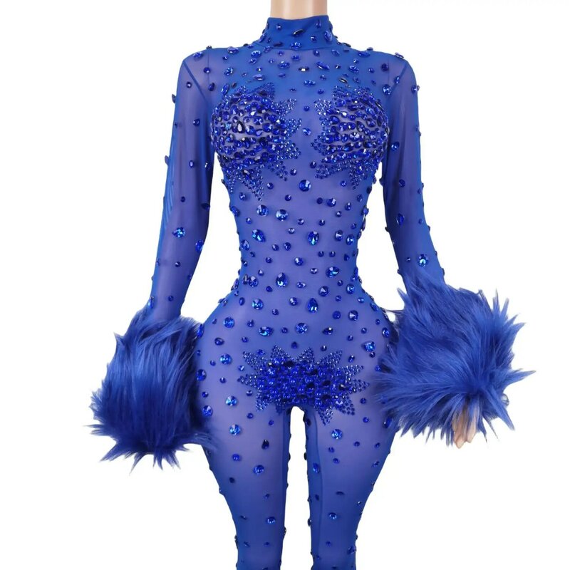 ชุดจัมพ์สูทขนยาวสีฟ้าสำหรับผู้หญิงชุดรัดรูปแนบเนื้อเซ็กซี่ตาข่ายโชว์บนเวทีนักร้องดีเจชุดปาร์ตี้
