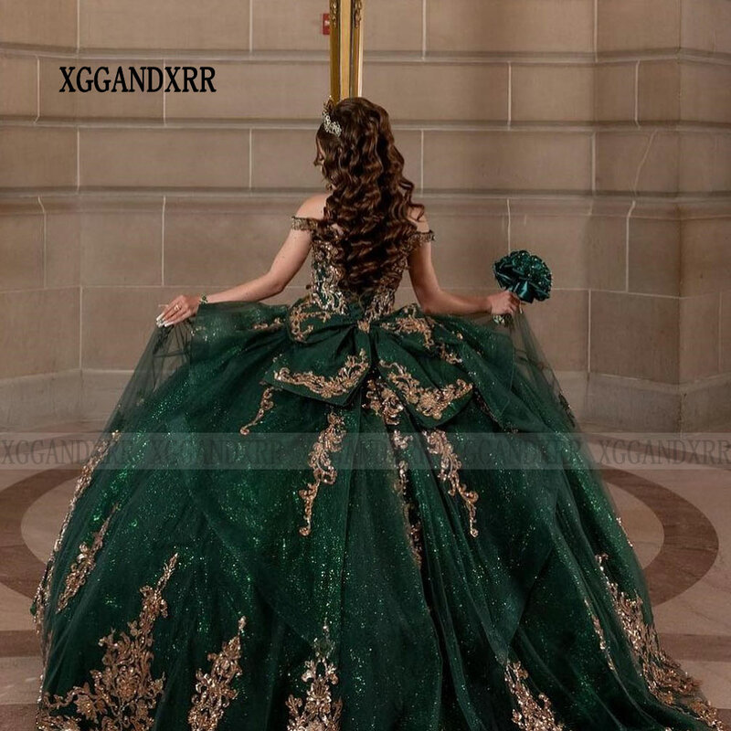 Quinceanera vestido de baile verde esmeralda, vestido de renda dourado do México, 16 doces vestidos, Natal 16, 15 anos, 2024