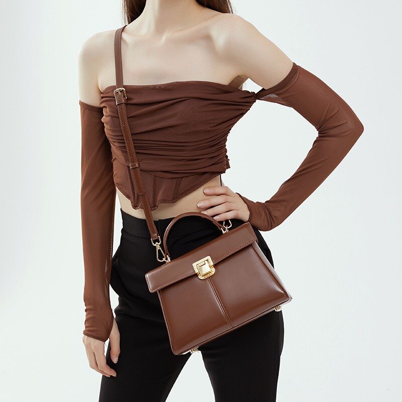 Bolso de mensajero Retro para mujer, bolso elegante de cuero genuino con asa superior, bolso de hombro Simple, bolso de mano para mujer