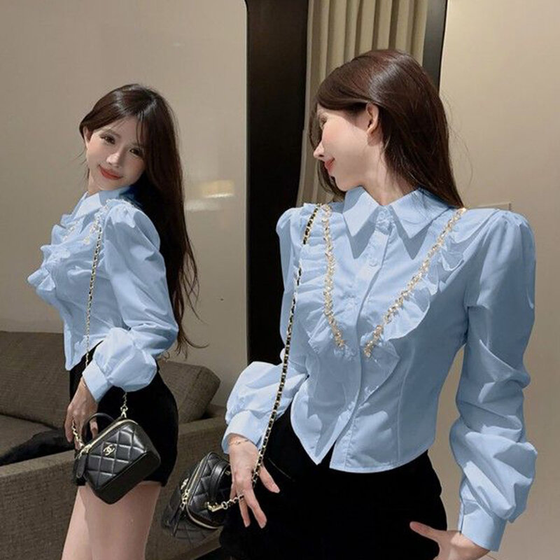 Рубашка женская с V-образным вырезом, модный топ с оборками и длинным рукавом, Офисная облегающая блузка со стразами, элегантная одежда, весна-осень 2024