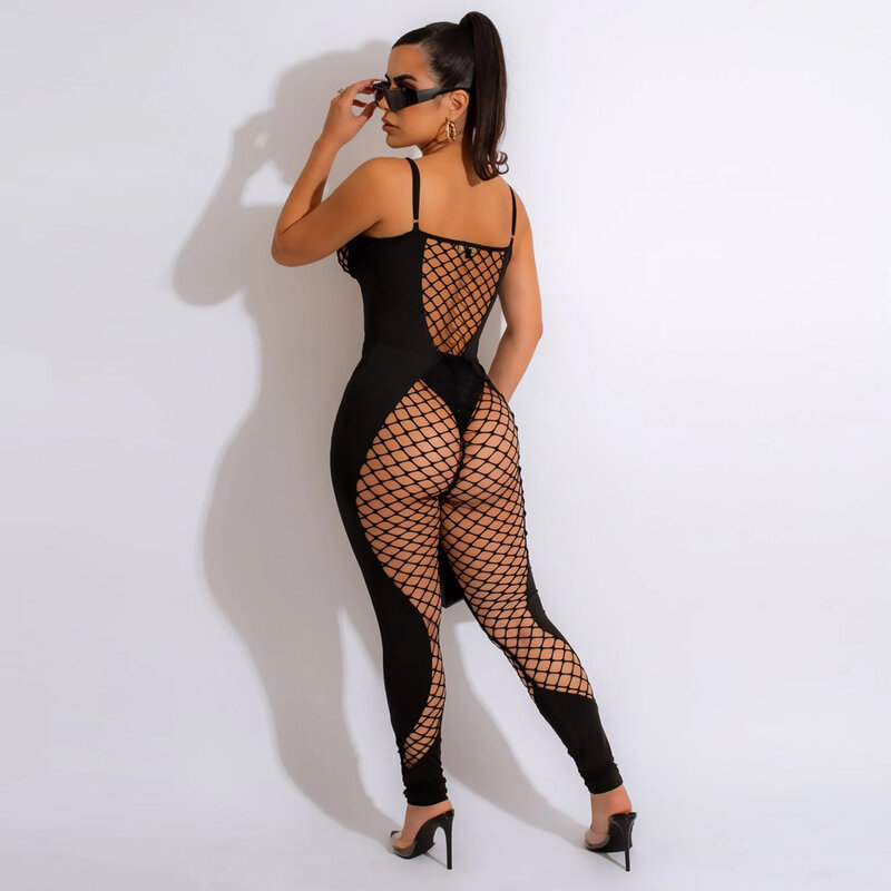 Mesh Black Sexy Jumpsuits Women Fashion Clothes 2022 One Piece Patchwork Solid Sleeveless Bodycon Clubwear Jumpsuit Bodysuits