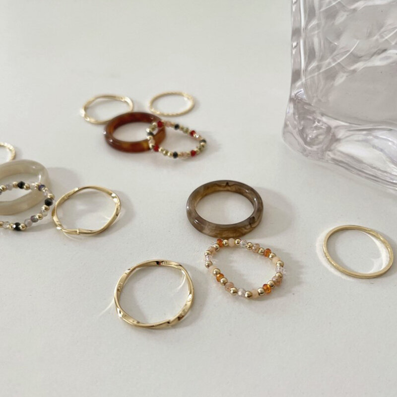 Juego de anillos ondulados personalizados de resina con cuentas de colores Retro, anillos de cola de dedo índice